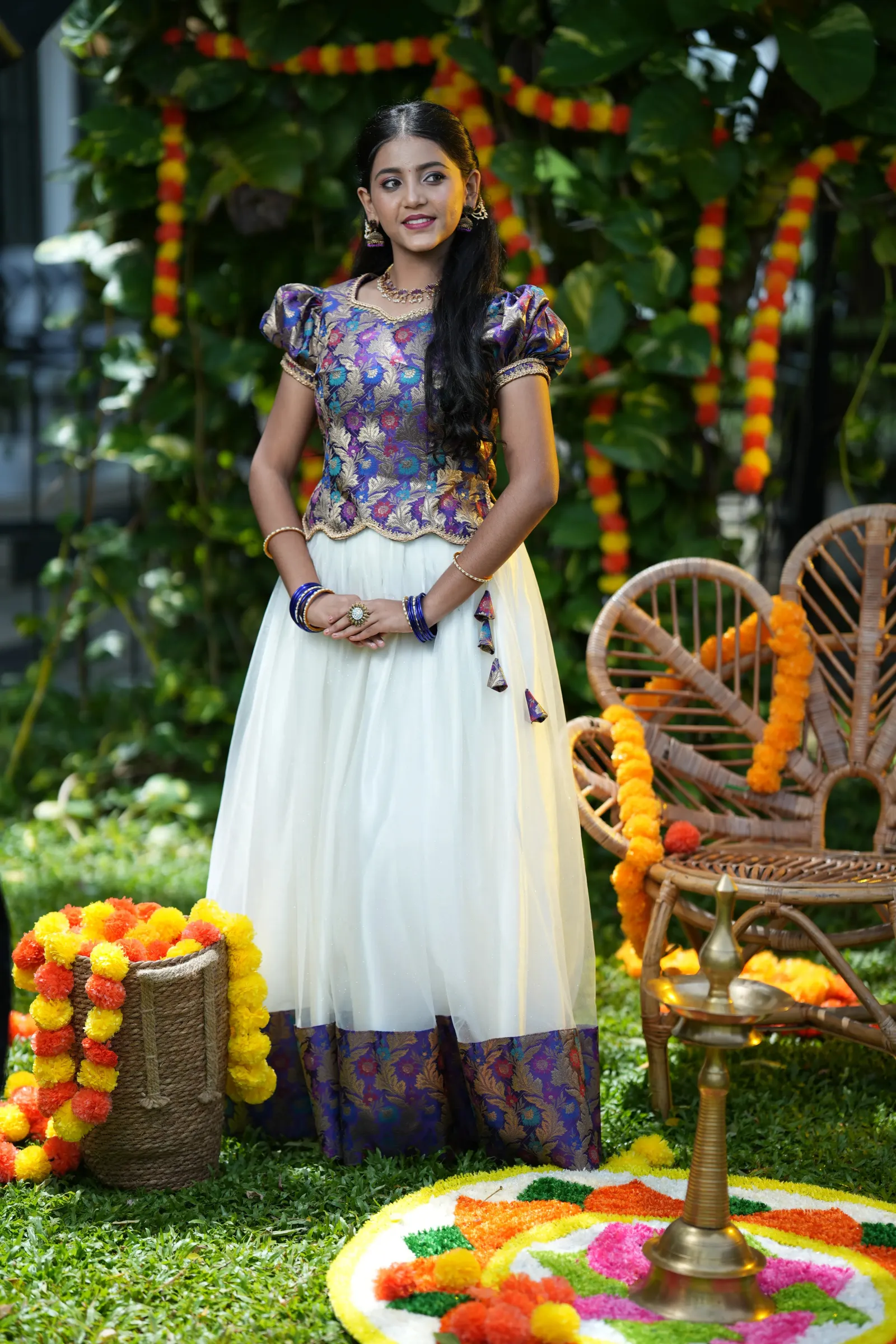 Blue and violet brocade top and off white skirt with brocade boarder